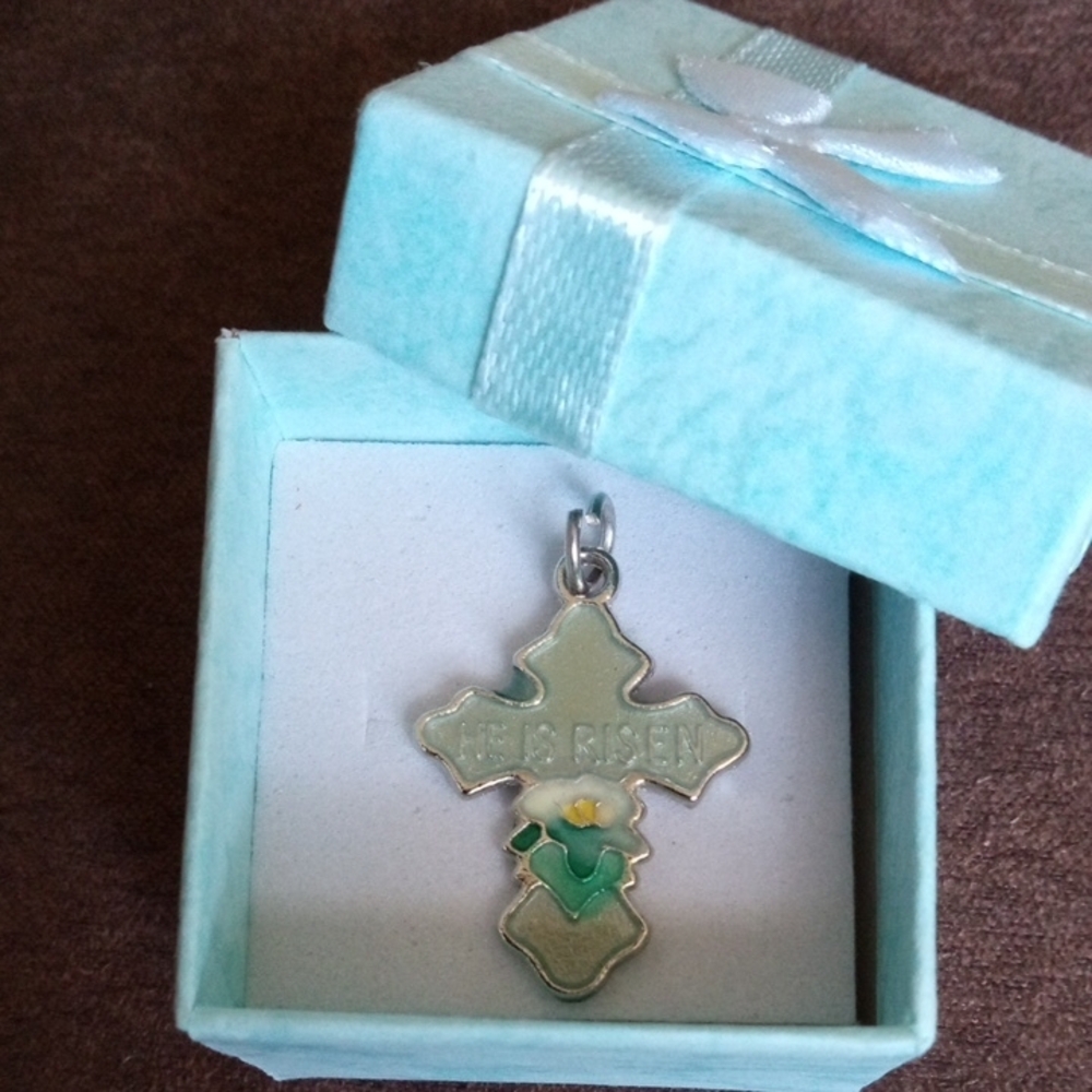 Elegant Silver  Enameled Cross Pendant with Green Accents